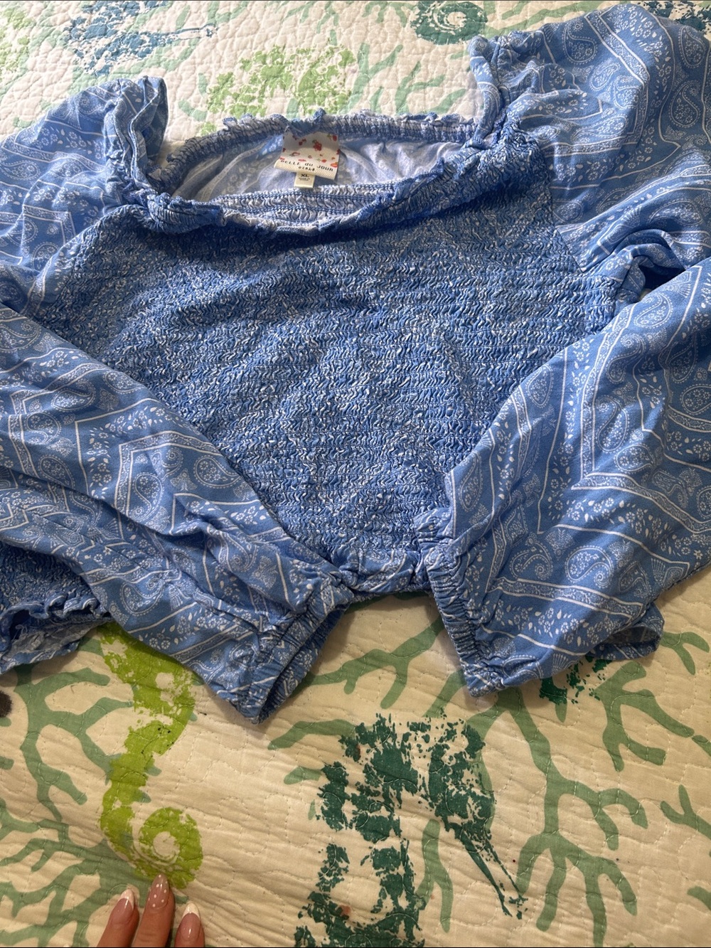 Belle Du Jour Light Blue Paisley Smocked Bandeau Top